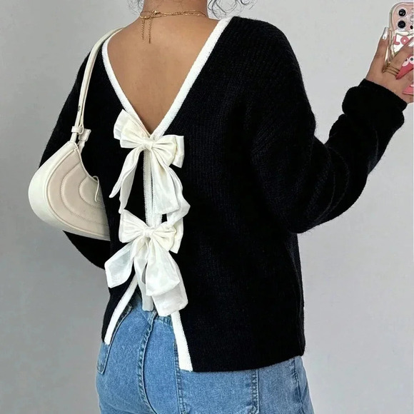 Black Casual Women's Colorblock Ribbed Crew Neck Long Sleeve Sweater - Picture 1 of 6